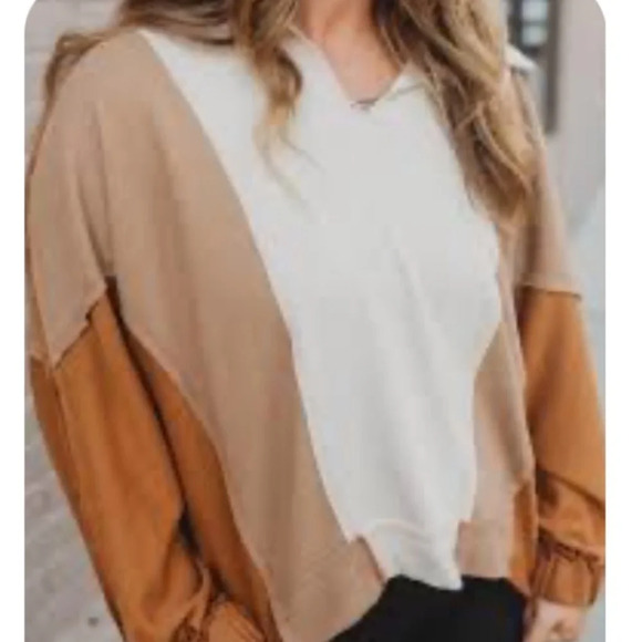 Sunland 17 Oversized Tan Brown‎ Cream Contrast Patchwork Top. Size Small. - Picture 1 of 16